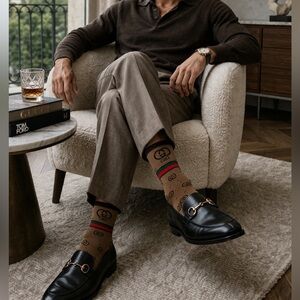 Gucci Brown GG Logo Socks with Red and Green Stripe